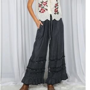 SS2 Chambray Black Ruffled Pants